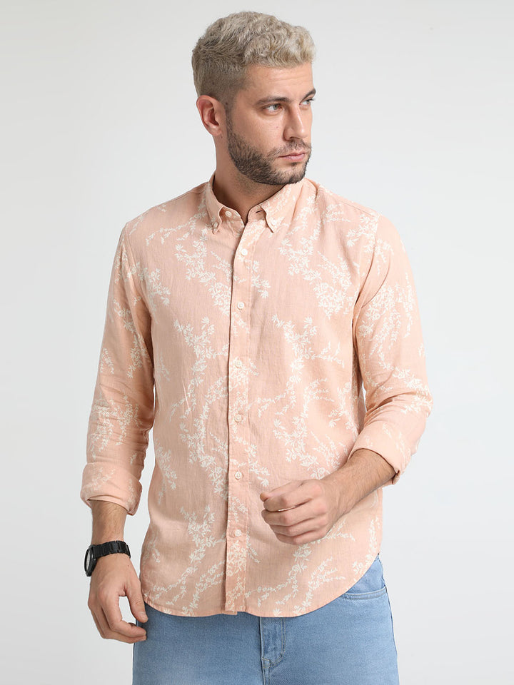 Men Apricot Peach Linen Printed Shirt