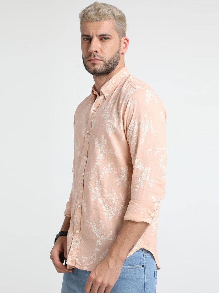 Apricot Peach Linen Printed Shirt  for Mens