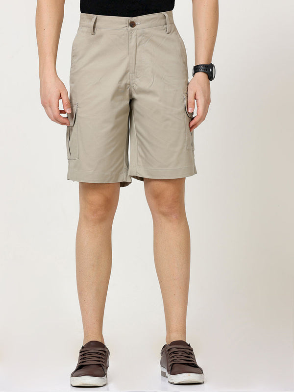 Men Light Cream Solid Cargo Shorts
