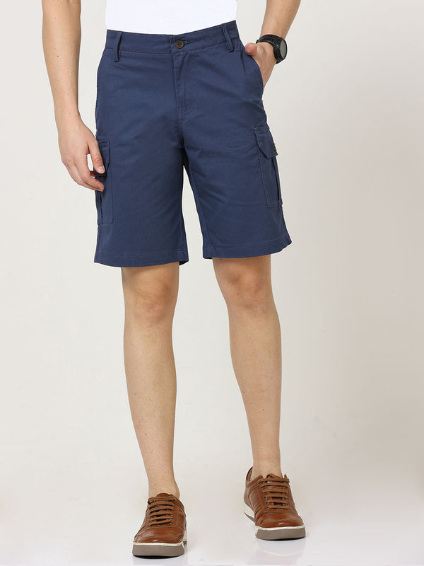 Men Fiord Blue Solid Cargo Shorts