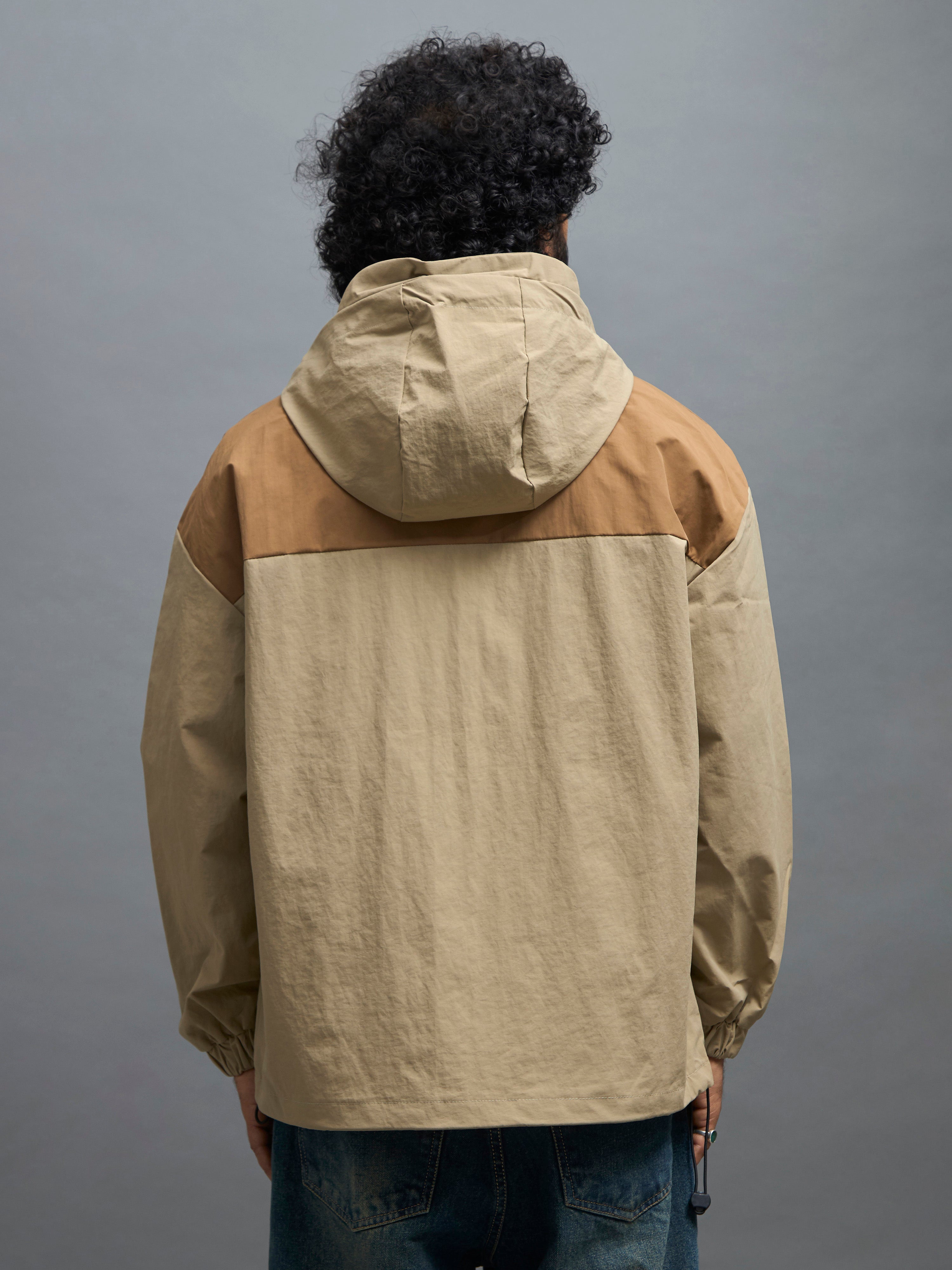 men's dark beige hooded nylon jacket made from nylon blend, lightweight and durable
lightweight jakcet for men
