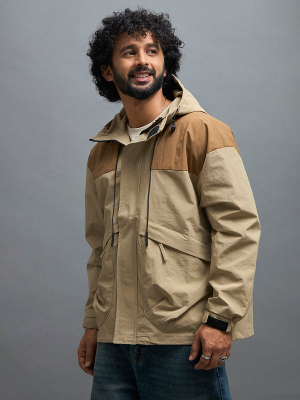 men's dark beige hooded nylon jacket made from nylon blend, lightweight and durable
lightweight jakcet for men