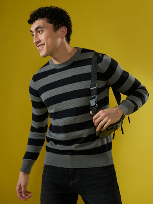mens fullsleeve stripped sweater tee in black 