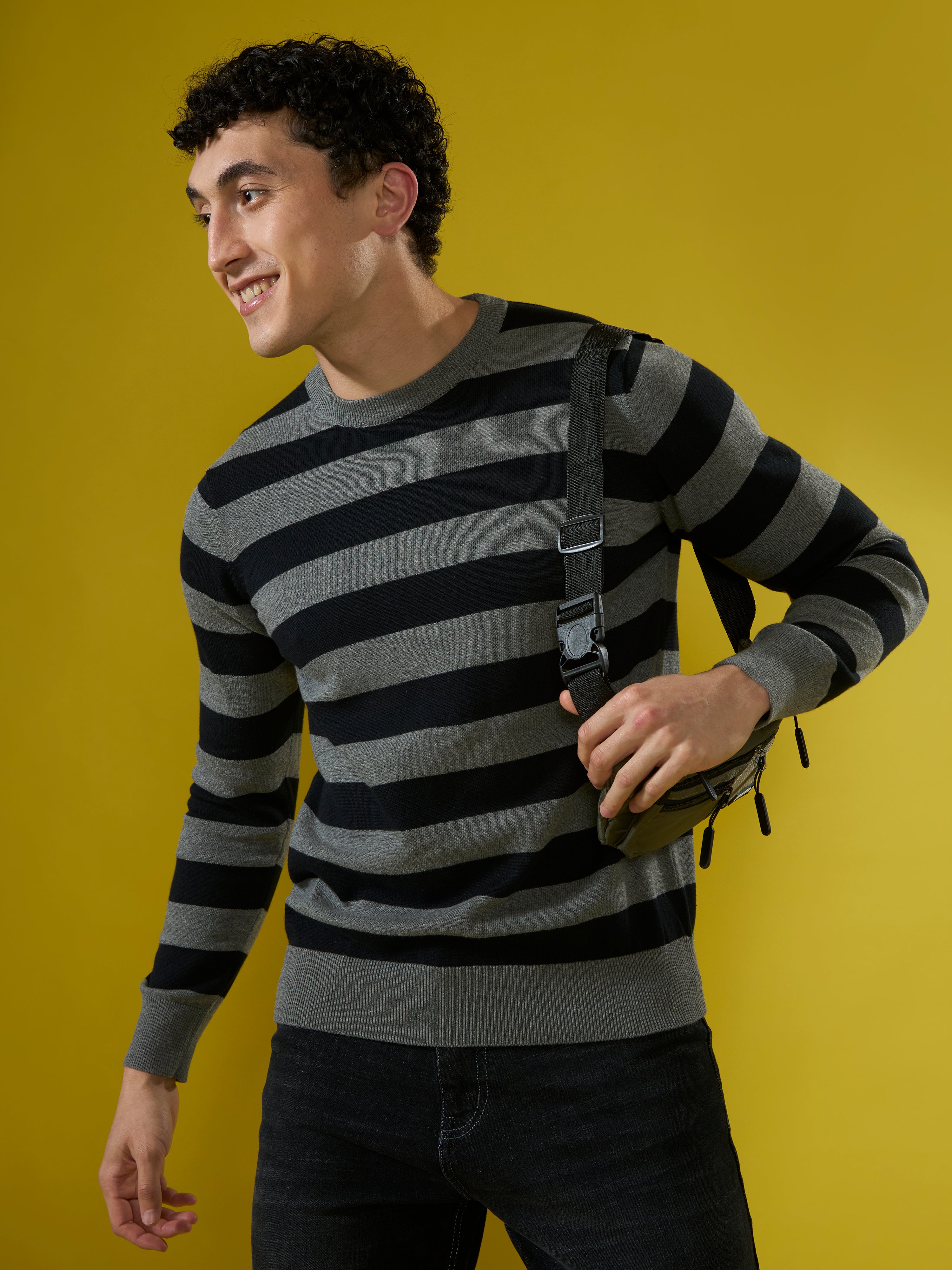 mens fullsleeve stripped sweater tee in black 