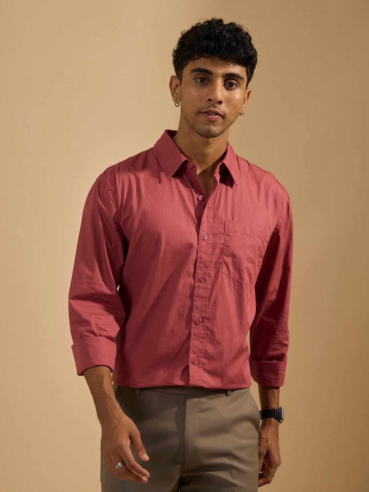 Eluded - Regular Fit Full Sleeve Poplin Shirt - Red - Espanshe