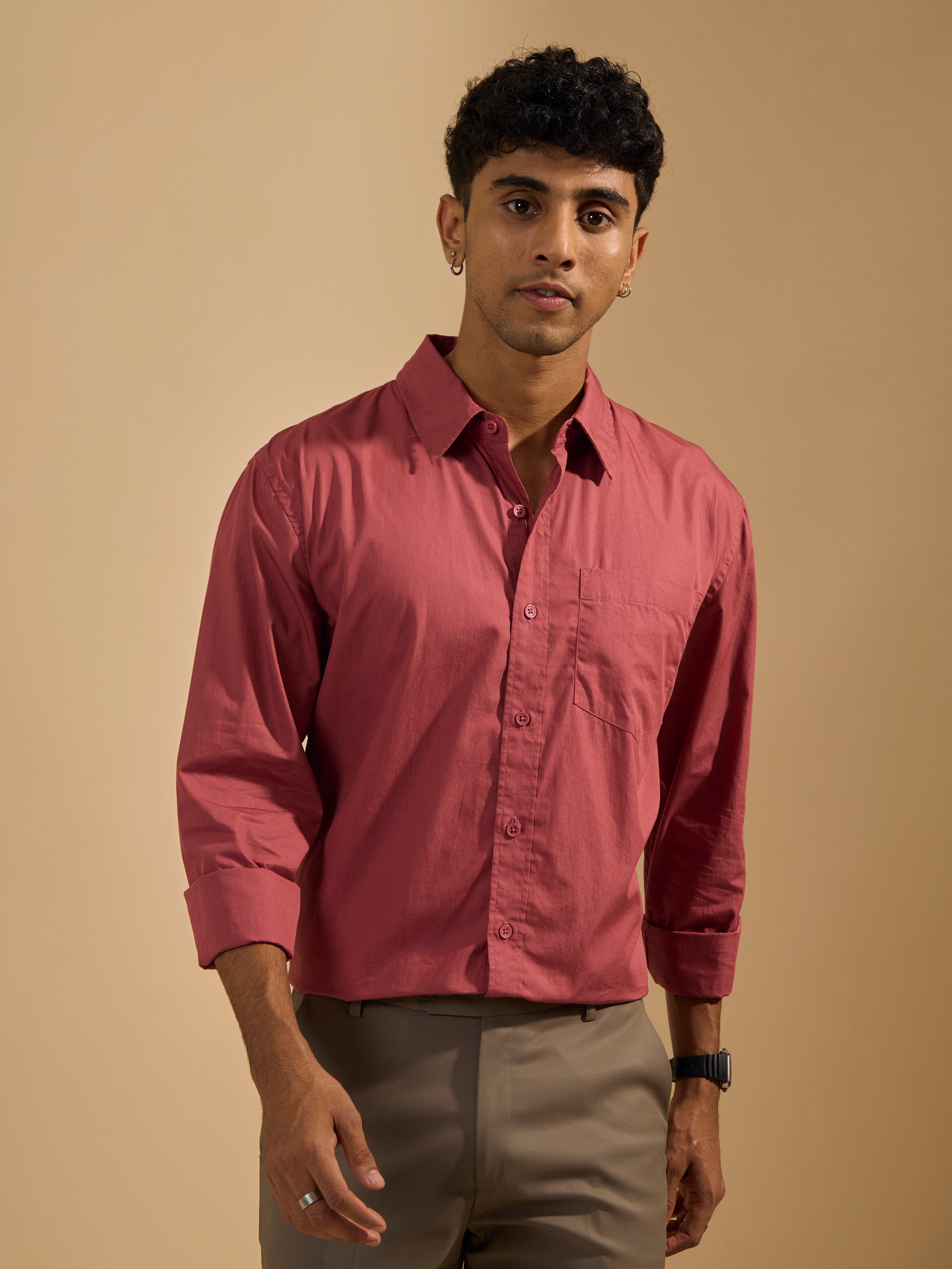 men's red full sleeve solid shirt with premium quality cotton
Men's outfit for every occassion