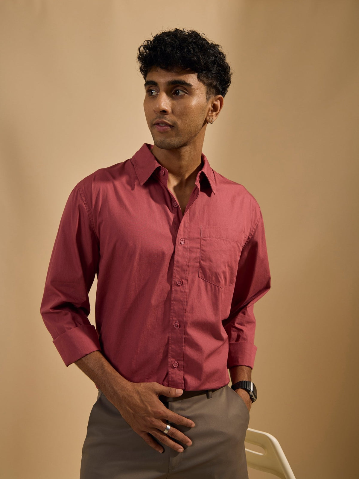 Eluded - Regular Fit Full Sleeve Poplin Shirt - Red - Espanshe
