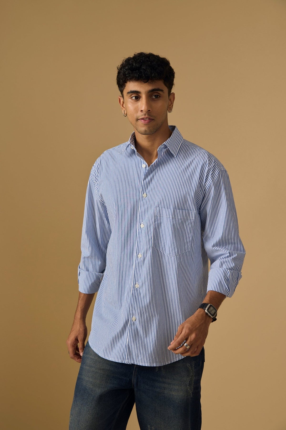 Lisandra - Oversize Striped Shirt- Ocean Blue - Espanshe