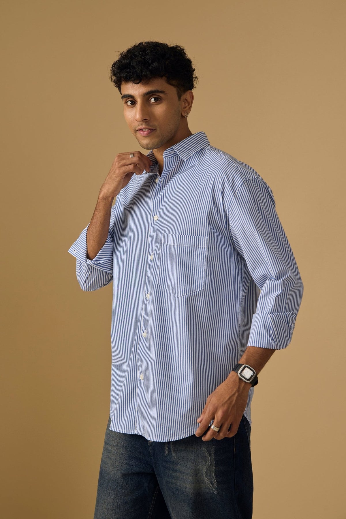 Lisandra - Oversize Striped Shirt- Ocean Blue - Espanshe