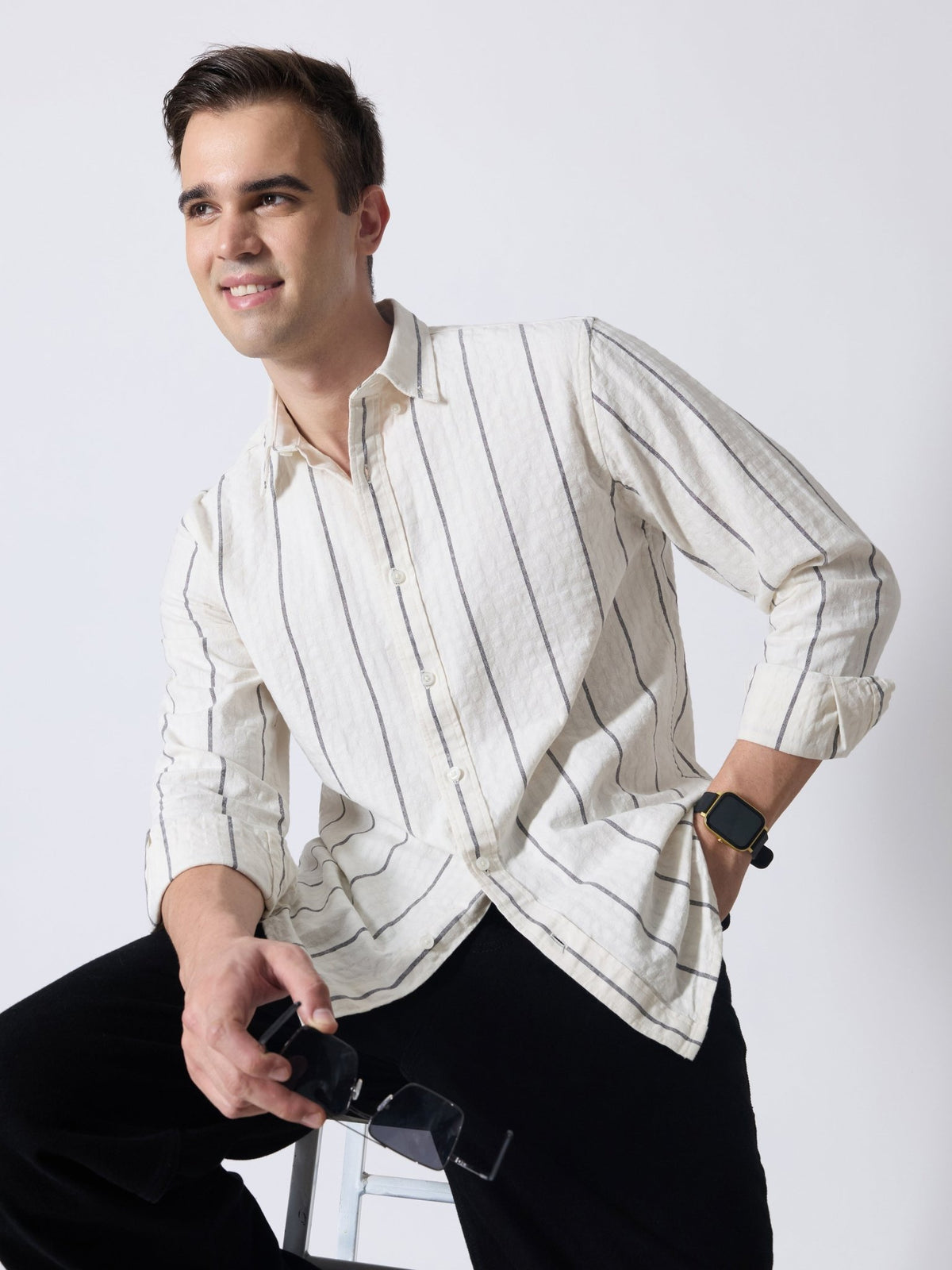 Sata - Textured Stripe Shirt - Cream - Espanshe