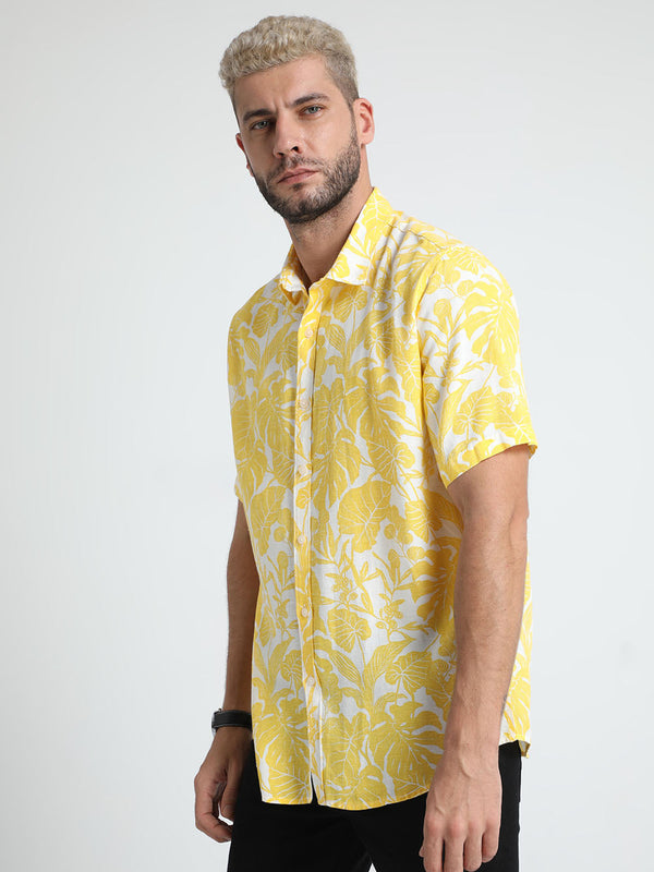Men Yellow Chenin Linen Print Shirt