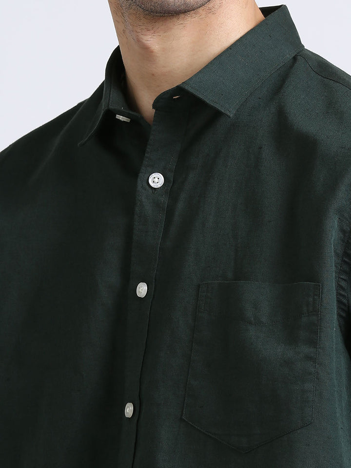 Green  Linen Half Sleeve Plain Shirt