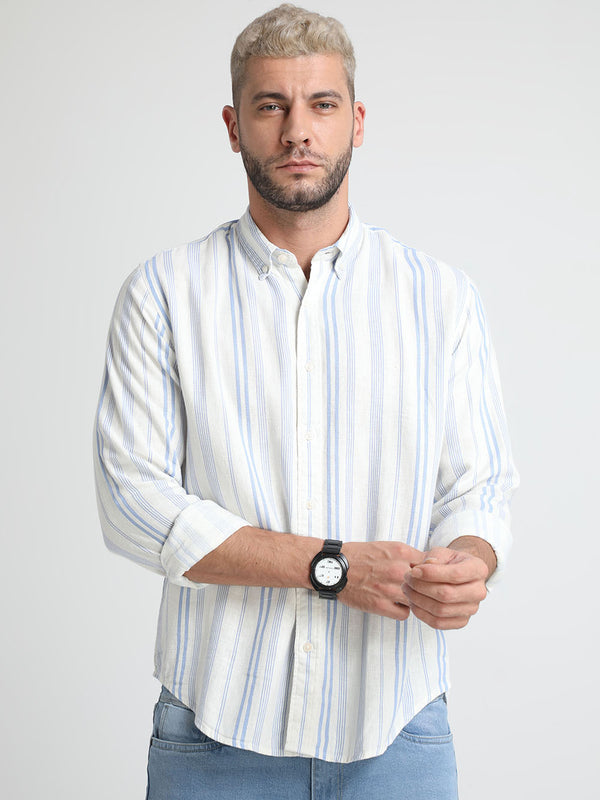 Men Athens Gray Linen Stripes Shirt