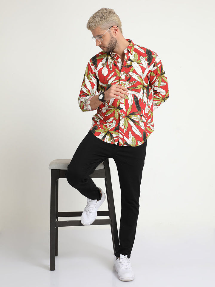 Mexican Red Linen Printed Shirt for Men