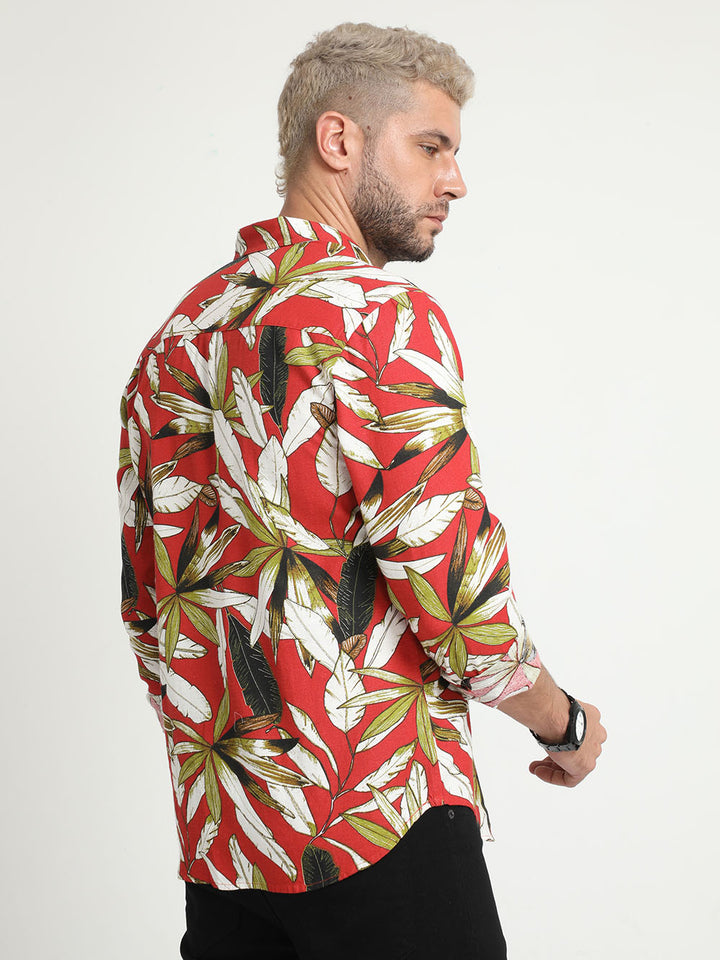 Mexican Red Linen Printed Shirt for Mens