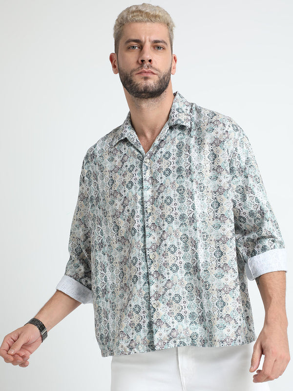 Men Oversized Cuban Collar Pale Slate Shirt
