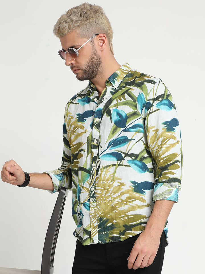 Quill Gray Linen Printed Shirt for Mens