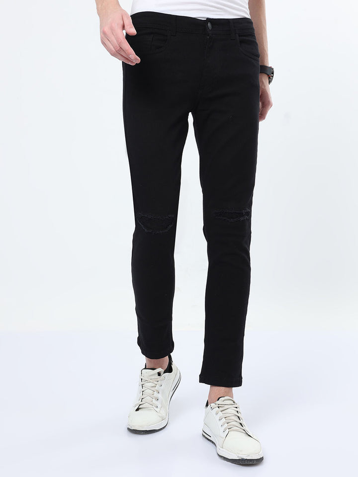 Men Skinny Fit Knee Patch Black Jeans