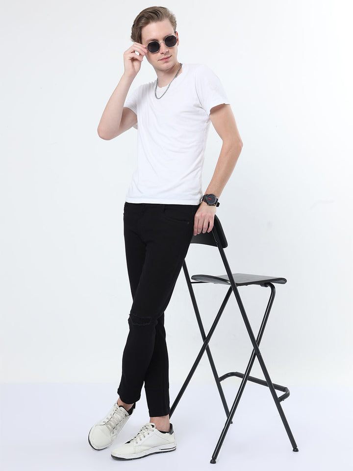 Casual Skinny Fit Knee Patch Black Jeans For Men