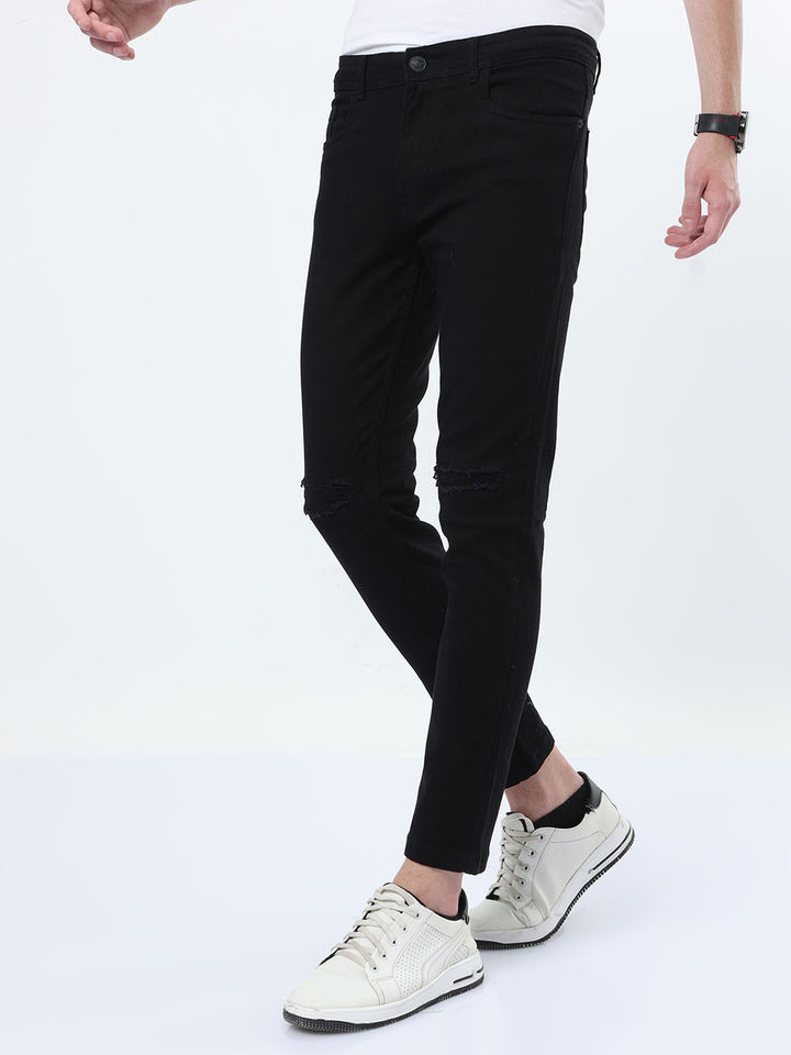 Trending Men Skinny Fit Knee Patch Black Jeans